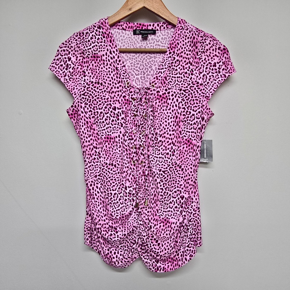 INC International Concepts Pink Animal Print Top Women S Lace Up Ruched Y2K